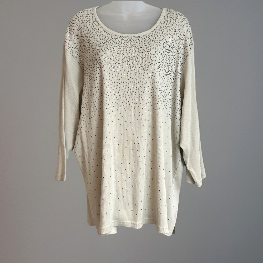Quacker Factory Womens Top Sz 3X Cream Beige Sequin Ribbed Knit 3/4 Sleeve Y2K